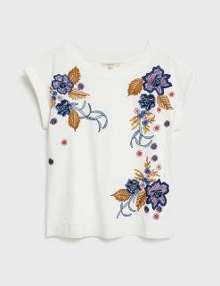 Budget 😀 White Stuff Women Pure Cotton Floral Slash Neck T-Shirt 🌟 -New In Womens Sales 2022 SD 10 T83 4484 Z4 X EC 90