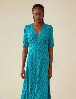 Brand new 😉 Finery London 👗 Dresses Floral V-Neck Short Sleeve Midi Tea 👗 Dress 🌟 -New In Womens Sales 2022 SD 10 T83 4686 E4 X EC 1