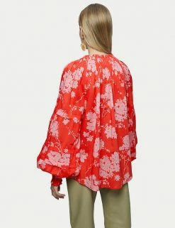 Outlet ✔️ Jigsaw Women Pure Cotton Floral Blouson Sleeve Top 🔔 -New In Womens Sales 2022 SD 10 T83 5212 B4 X EC 1