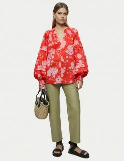 Outlet ✔️ Jigsaw Women Pure Cotton Floral Blouson Sleeve Top 🔔 -New In Womens Sales 2022 SD 10 T83 5212 B4 X EC 2