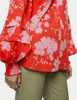 Outlet ✔️ Jigsaw Women Pure Cotton Floral Blouson Sleeve Top 🔔 -New In Womens Sales 2022 SD 10 T83 5212 B4 X EC 3
