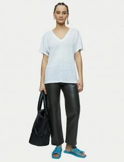 Hot Sale ✨ Jigsaw Women Pure Linen V-Neck Short Sleeve T-Shirt 🌟 -New In Womens Sales 2022 SD 10 T83 5249 Z0 X EC 2
