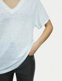 Hot Sale ✨ Jigsaw Women Pure Linen V-Neck Short Sleeve T-Shirt 🌟 -New In Womens Sales 2022 SD 10 T83 5249 Z0 X EC 3