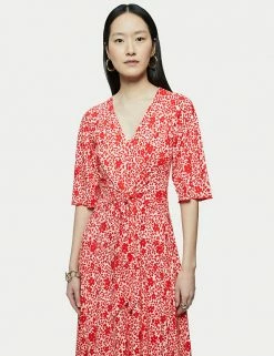 New 🔥 Jigsaw 👗 Dresses Cotton Rich Floral V-Neck Midi Swing 👗 Dress 😍 -New In Womens Sales 2022 SD 10 T83 5374 A4 X EC 1