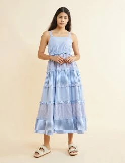 Coupon 🌟 Albaray 👗 Dresses Pure Cotton Striped Midi Tiered 👗 Dress 🎁