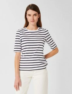 New ๐ HOBBS Women Pure Cotton Striped Crew Neck T-Shirt ๐คฉ