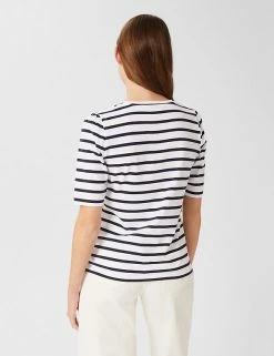 New 🔔 HOBBS Women Pure Cotton Striped Crew Neck T-Shirt 🤩 -New In Womens Sales 2022 SD 10 T83 6524 F4 X EC 1