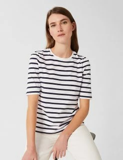 New 🔔 HOBBS Women Pure Cotton Striped Crew Neck T-Shirt 🤩 -New In Womens Sales 2022 SD 10 T83 6524 F4 X EC 2