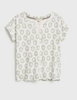 Flash Sale 🎁 White Stuff Women Pure Cotton Printed Notch Neck T-Shirt 🤩