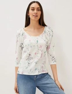 Budget 🌟 Phase Eight Women Pure Cotton Floral 3/4 Sleeve Top 😍