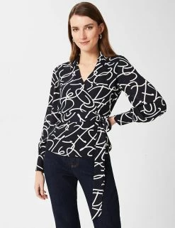Promo ⭐ HOBBS 👕 Shirts & Blouses Printed V-Neck Long Sleeve Blouse 🎁