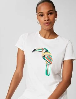 Hot Sale 🎉 HOBBS Women Pure Cotton Toucan Print Crew Neck T-Shirt 🔔 -New In Womens Sales 2022 SD 10 T83 7082 Z4 X EC 2