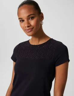 Flash Sale ❤️ HOBBS Women Cotton Modal Blend Broderie Detail T-Shirt 👏 -New In Womens Sales 2022 SD 10 T83 7085 F0 X EC 2
