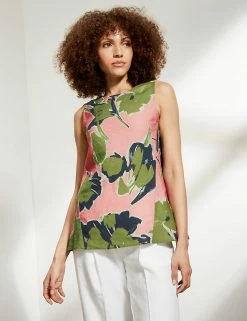 Best Sale 🛒 JAEGER 👕 Shirts & Blouses Pure Linen Leaf Print Sleeveless Blouse 👍